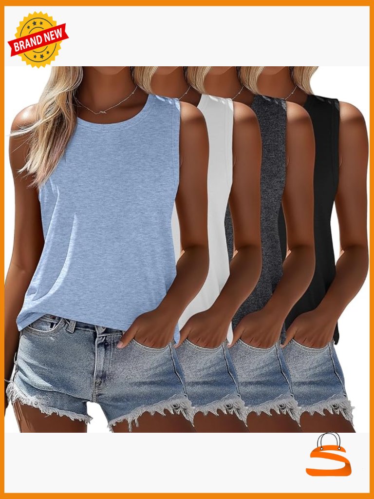 4 Pack Sleeveless Crew Neck Tunic Tank Tops Loose Fit Summer T Shirts